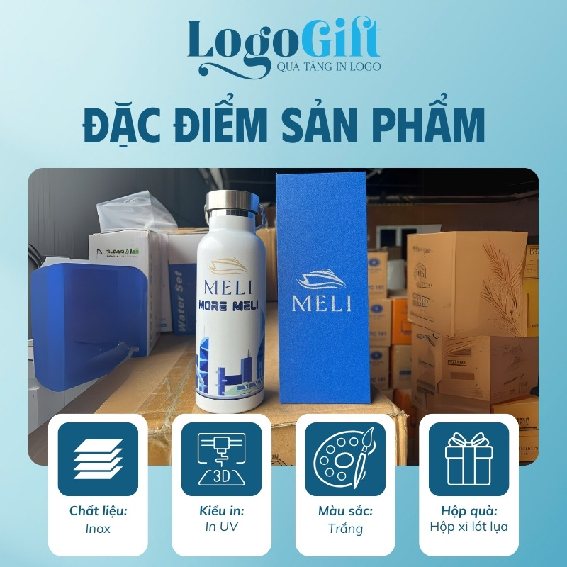 Bình giữ nhiệt quà tặng in logo màu trắng có quai xách