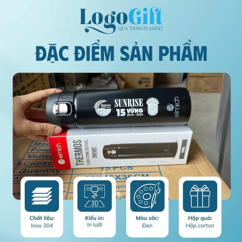 Bình giữ nhiệt quà tặng in logo thương hiệu Elmich dung tích 500ml LG-BGN03
