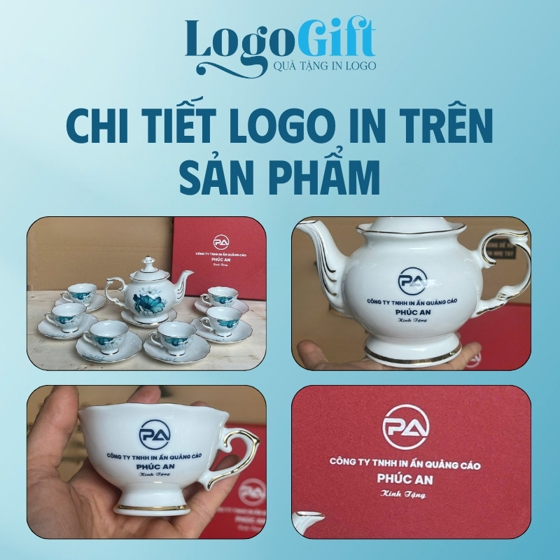 Bộ ấm chén đài cát miệng lượn quà quà tặng in logo hoa sen xanh LG-AC04