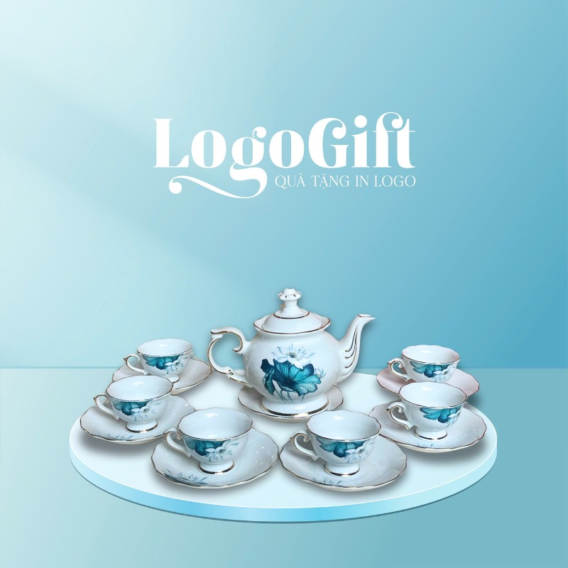 Bộ ấm chén đài cát miệng lượn quà tặng in logo hoa sen xanh