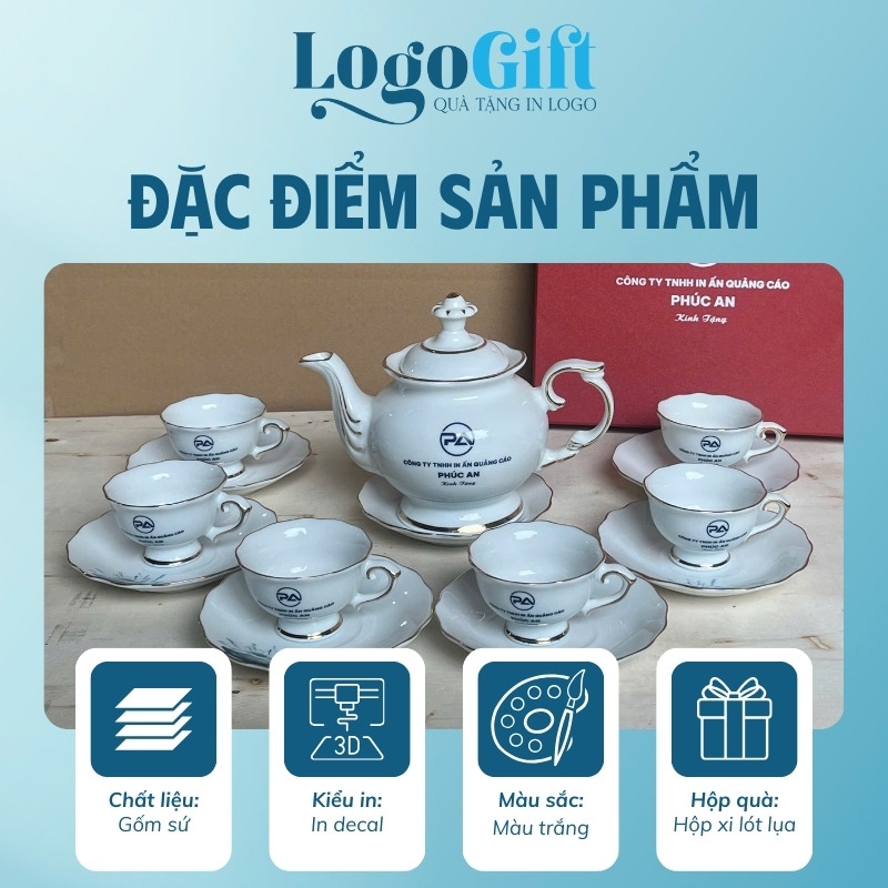 Bộ ấm chén đài cát miệng lượn quà quà tặng in logo hoa sen xanh LG-AC04
