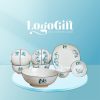 Bộ bát đĩa quà tặng in logo 10 món họa tiết hoa sen xanh vẽ tay LG-BD01
