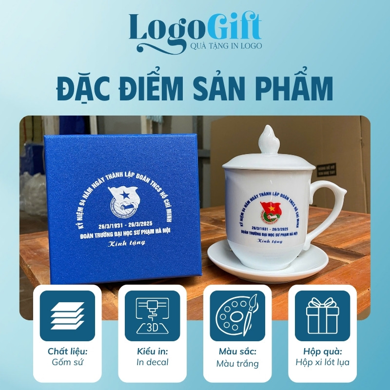 Cốc sứ có nắp quà tặng in logo màu trắng họa tiết sen vàng kim