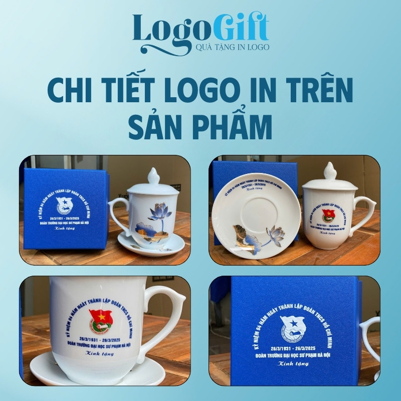 Cốc sứ có nắp quà tặng in logo màu trắng họa tiết sen vàng kim