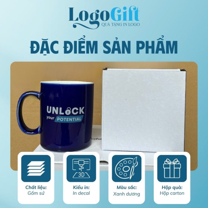 Cốc sứ quà tặng in logo màu xanh dương LG-CS04