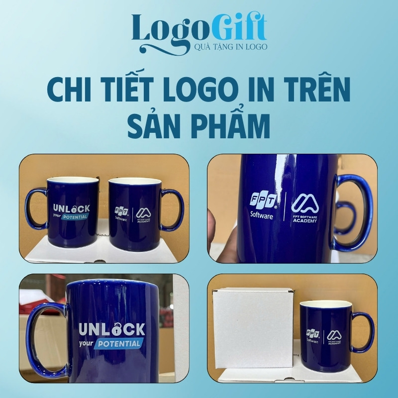 Cốc sứ quà tặng in logo màu xanh dương LG-CS04