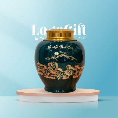 Hũ đựng trà quà tặng in logo họa tiết mã đáo thành công dung tích 250gram LG-HĐT01