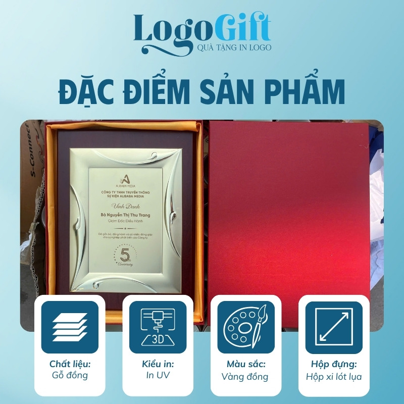 Bảng vinh danh quà tặng in logo gỗ đồng hình chữ nhật LG-VD01