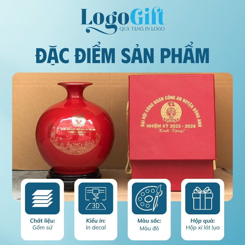 Bình hút lộc quà tặng Đại hội in logo mạ vàng 18cm LG-BHL05