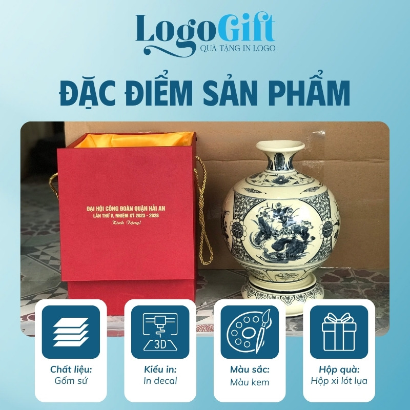 Quà tặng Đại hội in logo bình hút lộc vàng hanh men rạng 18cm LG-BHL09