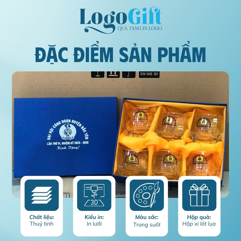 Bộ 6 cốc thuỷ tinh quà tặng Đại hội in logo thương hiệu Ocean 340ml LG-BL04