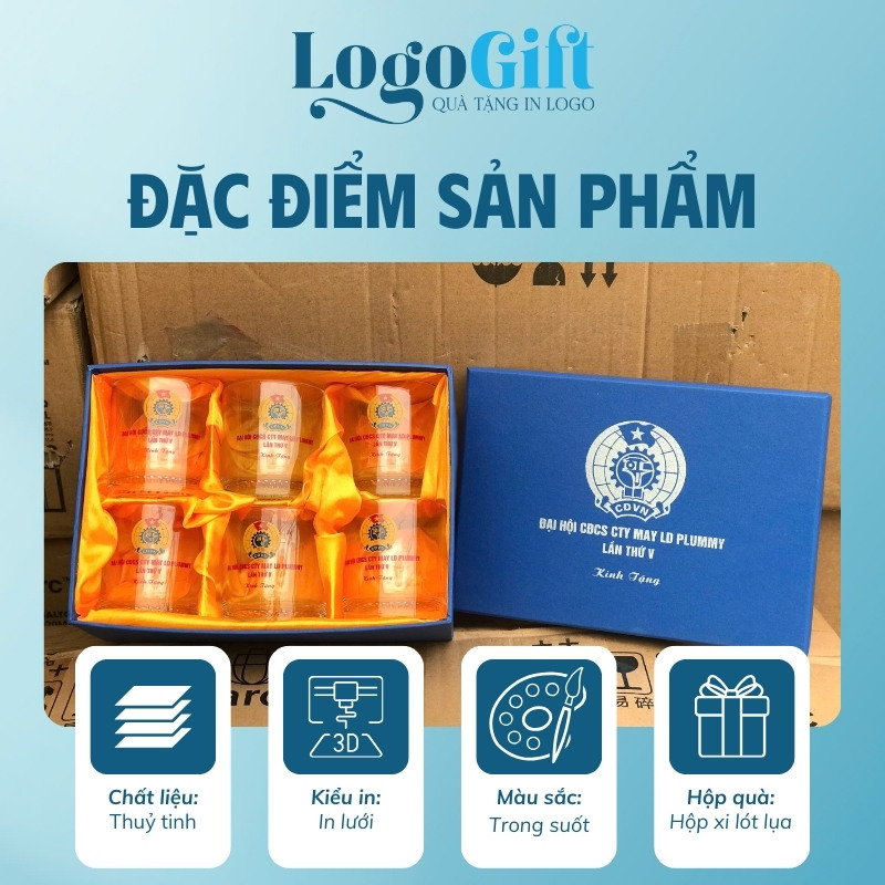 Bộ 6 cốc thuỷ tinh quà tặng Đại hội in logo thương hiệu Việt Tiệp LG-BL05