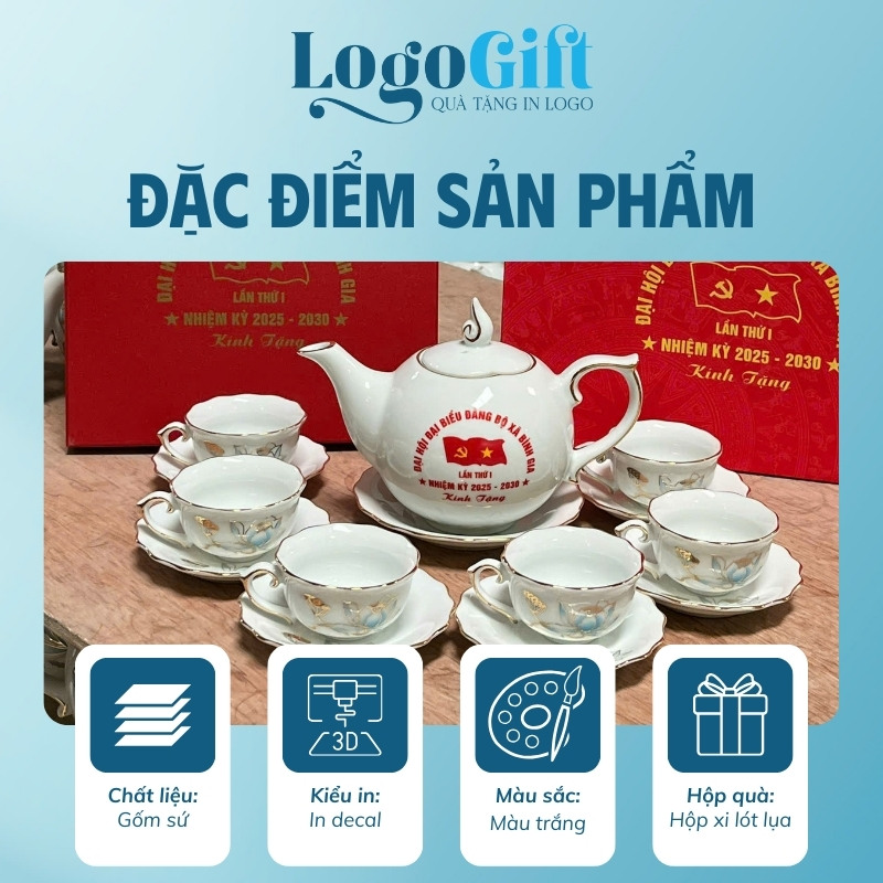 Bộ ấm chén quà tặng Đại hội in logo dáng bưởi lửa hoa sen 550ml LG-AC31