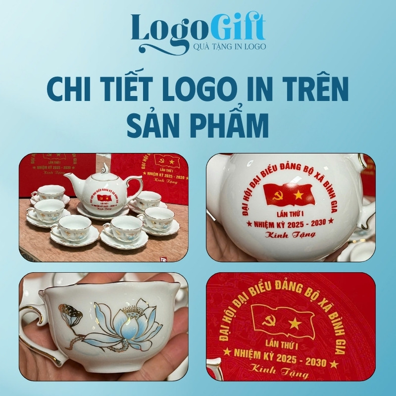 Bộ ấm chén quà tặng Đại hội in logo dáng bưởi lửa hoa sen 550ml LG-AC31