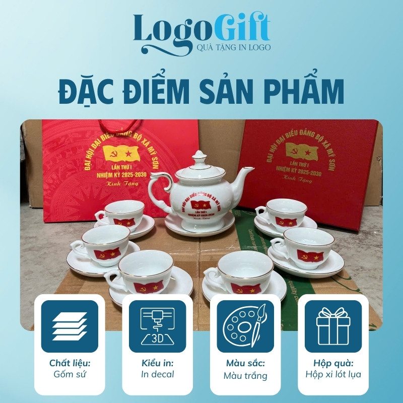 Bộ ấm chén quà tặng Đại hội in logo dáng đài cát 500ml LG-AC38