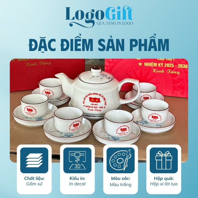 Bộ ấm trà quà tặng Đại hội in logo dáng vai vuông hoa mai xanh 500ml LG-AC40