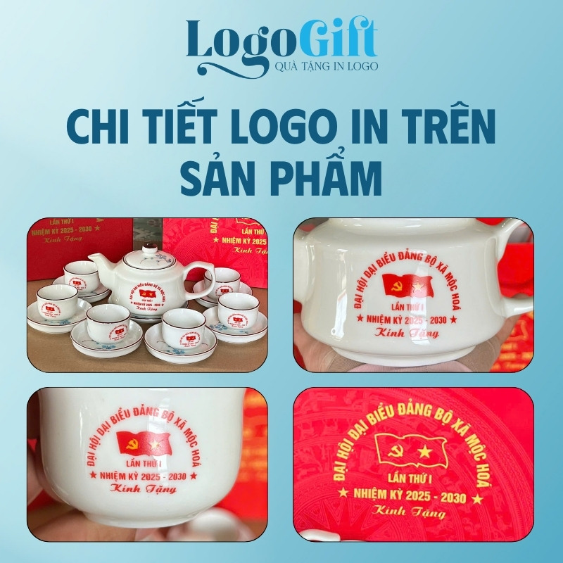 Bộ ấm trà quà tặng Đại hội in logo dáng vai vuông hoa mai xanh 500ml LG-AC40