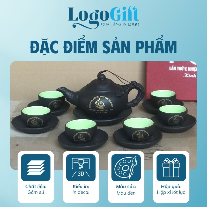 Bộ ấm chén quà tặng Đại hội in logo tử sa nắp sen 500ml LG-AC42