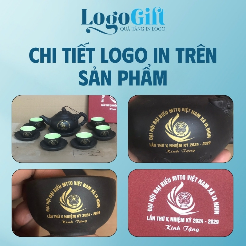 Bộ ấm chén quà tặng Đại hội in logo tử sa nắp sen 500ml LG-AC42
