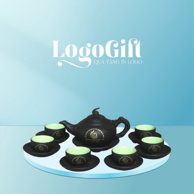 Bộ ấm chén quà tặng Đại hội in logo tử sa nắp sen 500ml LG-AC42