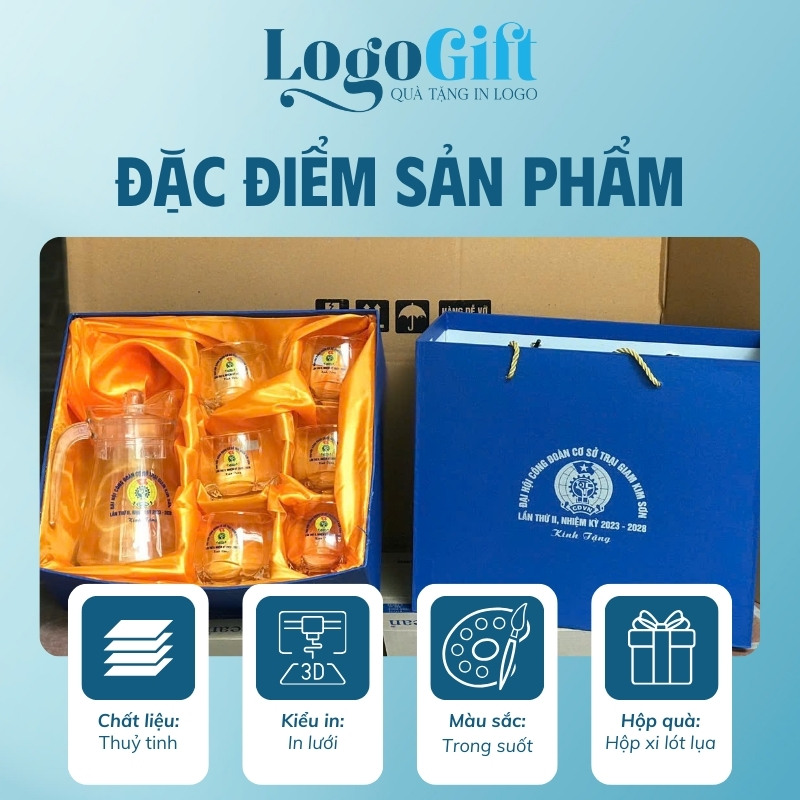 Bộ bình cốc thuỷ tinh quà tặng Đại hội in logo thương hiệu Delisoga LG-BC04