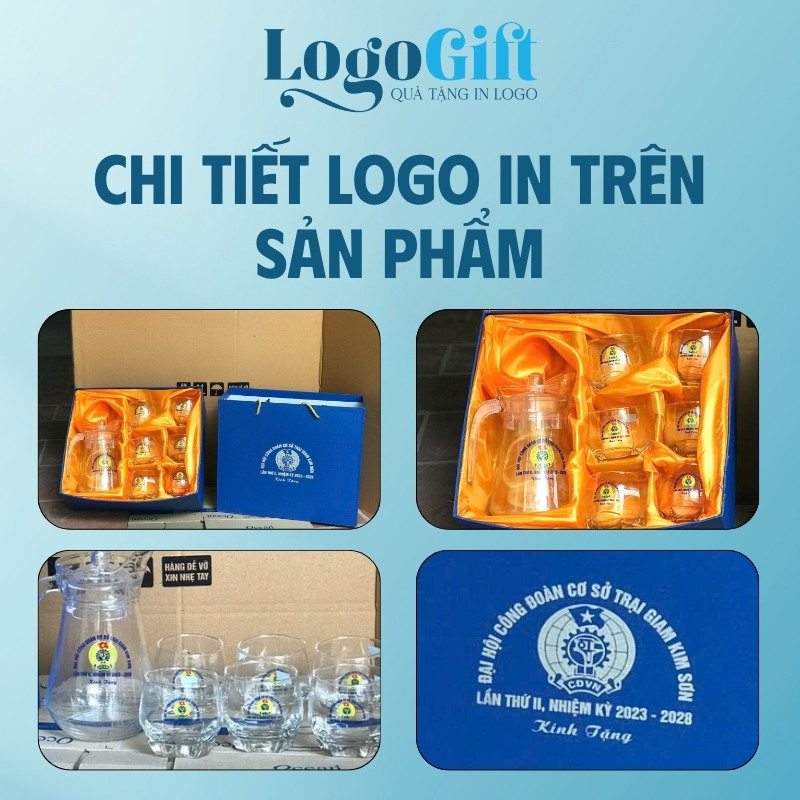 Bộ bình cốc thuỷ tinh quà tặng Đại hội in logo thương hiệu Delisoga LG-BC04