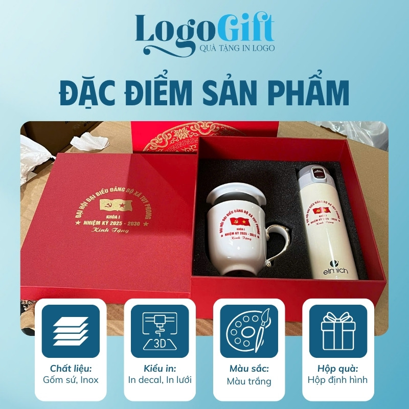 Bộ giftset in logo quà tặng Đại hội 2 món ly sứ và bình giữ nhiệt LG-GS09