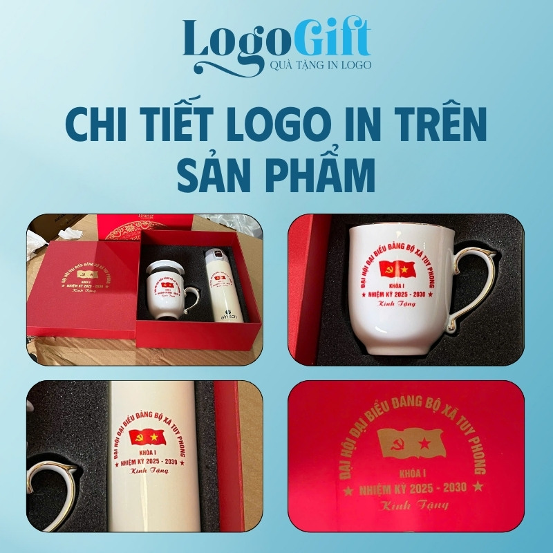 Bộ giftset in logo quà tặng Đại hội 2 món ly sứ và bình giữ nhiệt LG-GS09