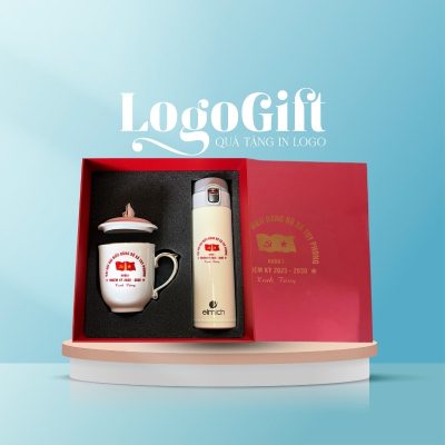 Bộ giftset in logo quà tặng Đại hội 2 món ly sứ và bình giữ nhiệt LG-GS09