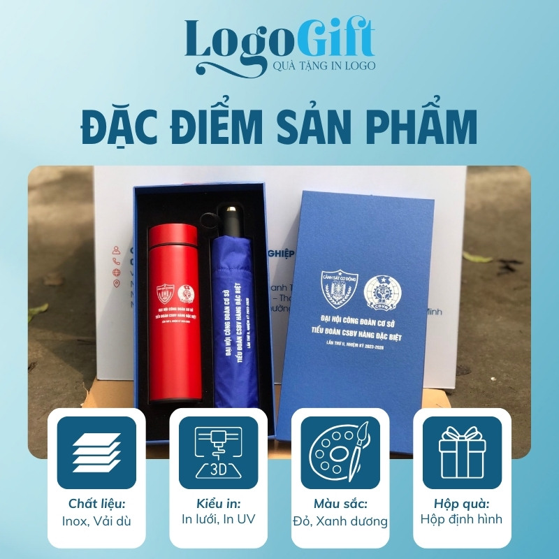 Bộ giftset quà tặng Đại hội in logo 2 món bình giữ nhiệt và ô dù LG-GS05