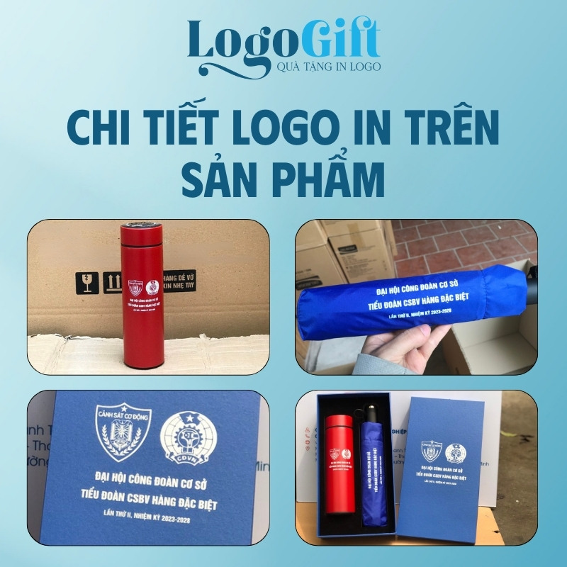 Bộ giftset quà tặng Đại hội in logo 2 món bình giữ nhiệt và ô dù LG-GS05