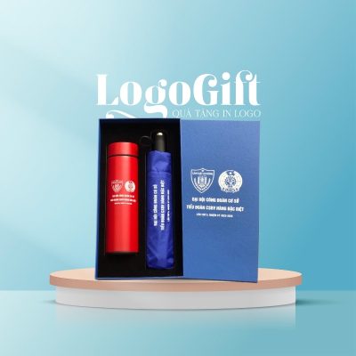 Bộ giftset quà tặng Đại hội in logo 2 món bình giữ nhiệt và ô dù LG-GS05