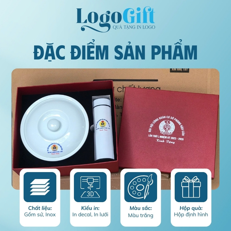 Set quà tặng Đại hội in logo 2 món bình giữ nhiệt và thố sứ LG-GS06