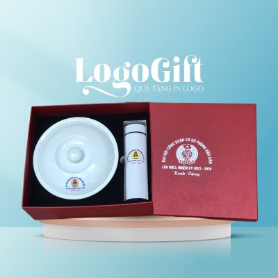 Set quà tặng Đại hội in logo 2 món bình giữ nhiệt và thố sứ LG-GS06