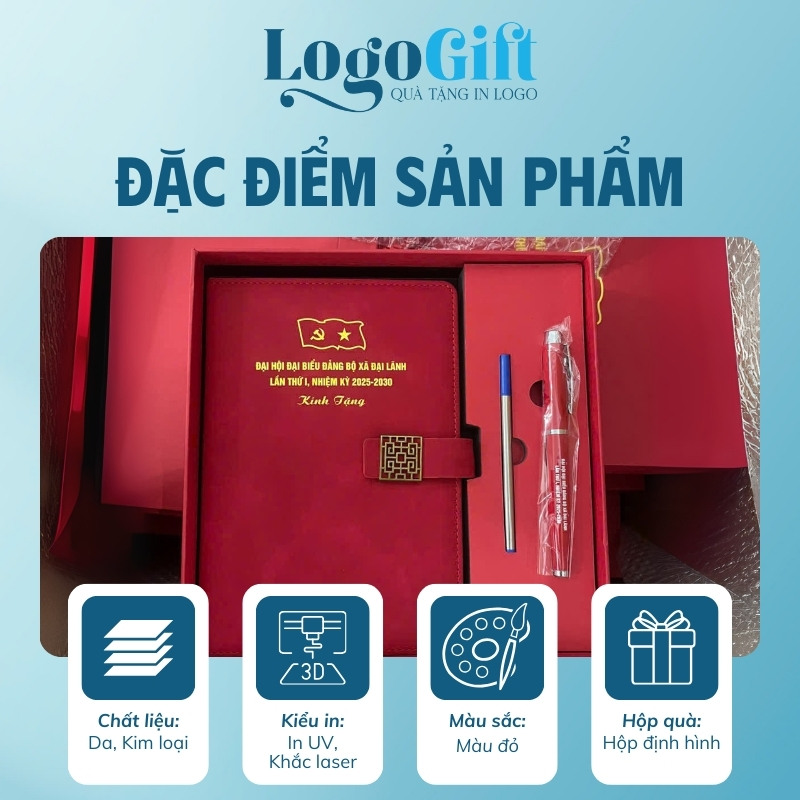 In logo lên combo quà tặng Đại hội 2 món sổ da và bút ký LG-GS08