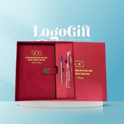 In logo lên combo quà tặng Đại hội 2 món sổ da và bút ký LG-GS08