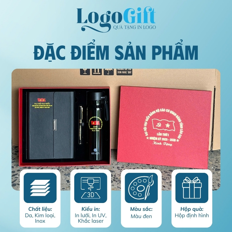 Quà tặng Đại hội bộ giftset in logo 3 món bình giữ nhiệt, sổ da và bút ký LG-GS07