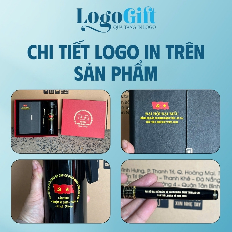 Quà tặng Đại hội bộ giftset in logo 3 món bình giữ nhiệt, sổ da và bút ký LG-GS07