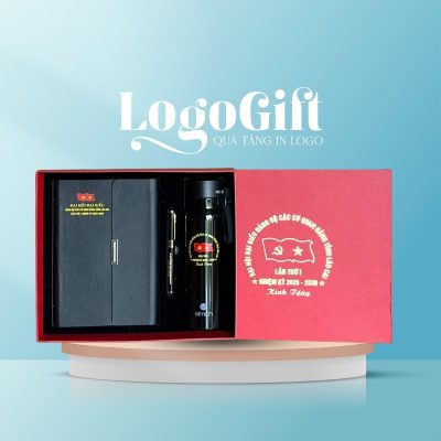 Quà tặng Đại hội bộ giftset in logo 3 món bình giữ nhiệt, sổ da và bút ký LG-GS07