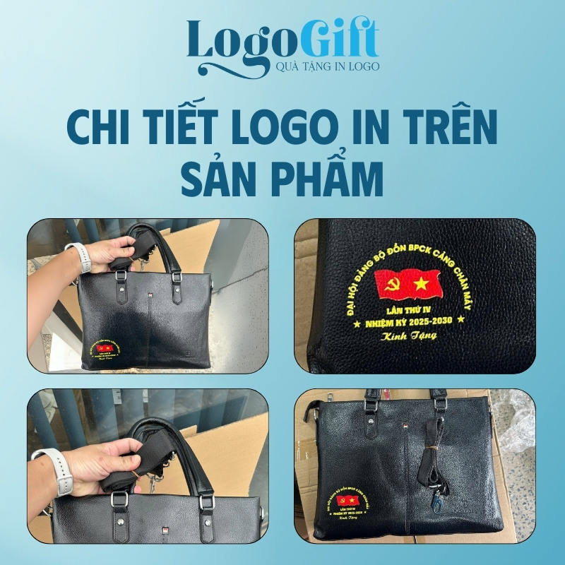 Cặp da in logo quà tặng Đại Hội quai xách màu đen LG-CD05