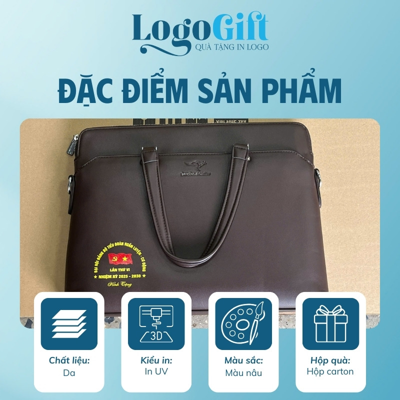 Quà tặng Đại Hội cặp da in logo quai xách màu nâu LG-CD06