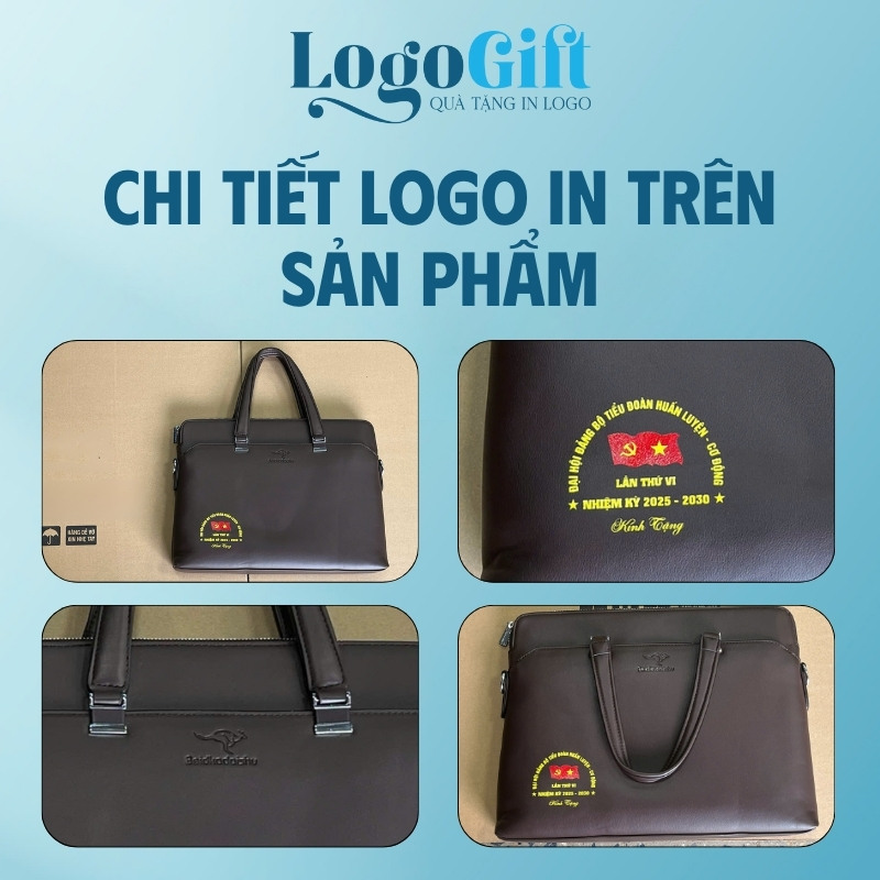 Quà tặng Đại Hội cặp da in logo quai xách màu nâu LG-CD06