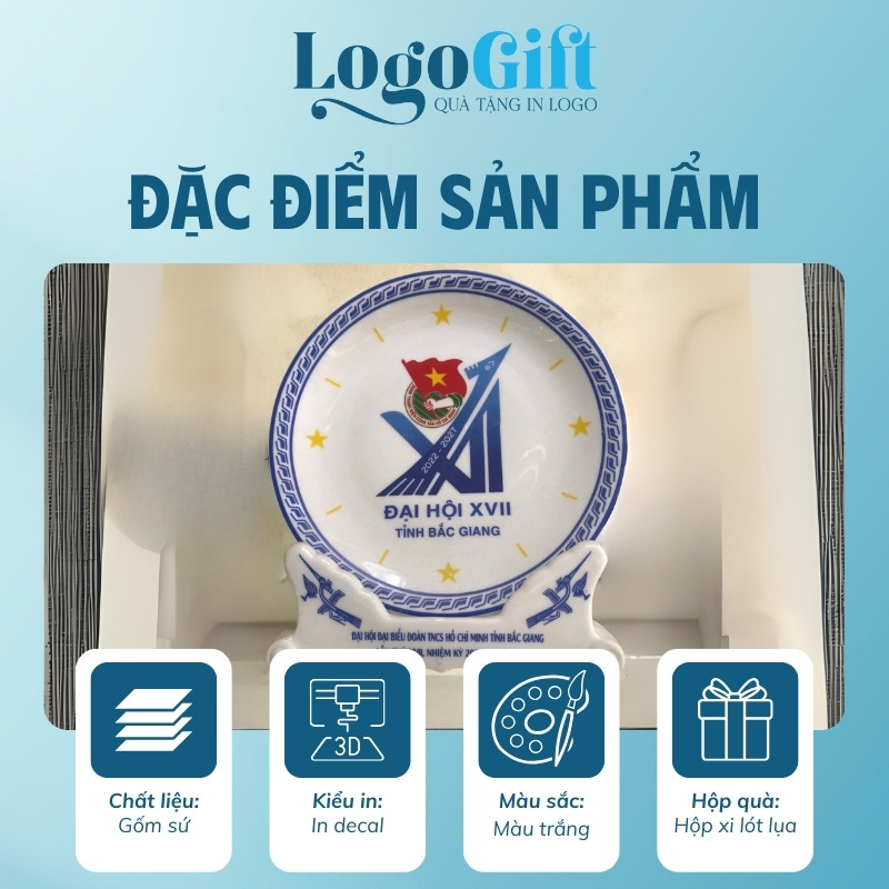 Đĩa biểu trưng quà tặng Đại hội in logo đế sứ phi 22 LG-ĐBT05