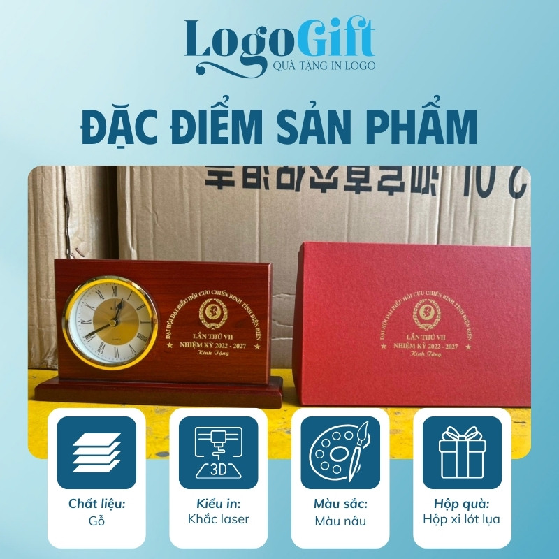 Đồng hồ để bàn in logo quà tặng Đại hội gỗ LG-ĐH23