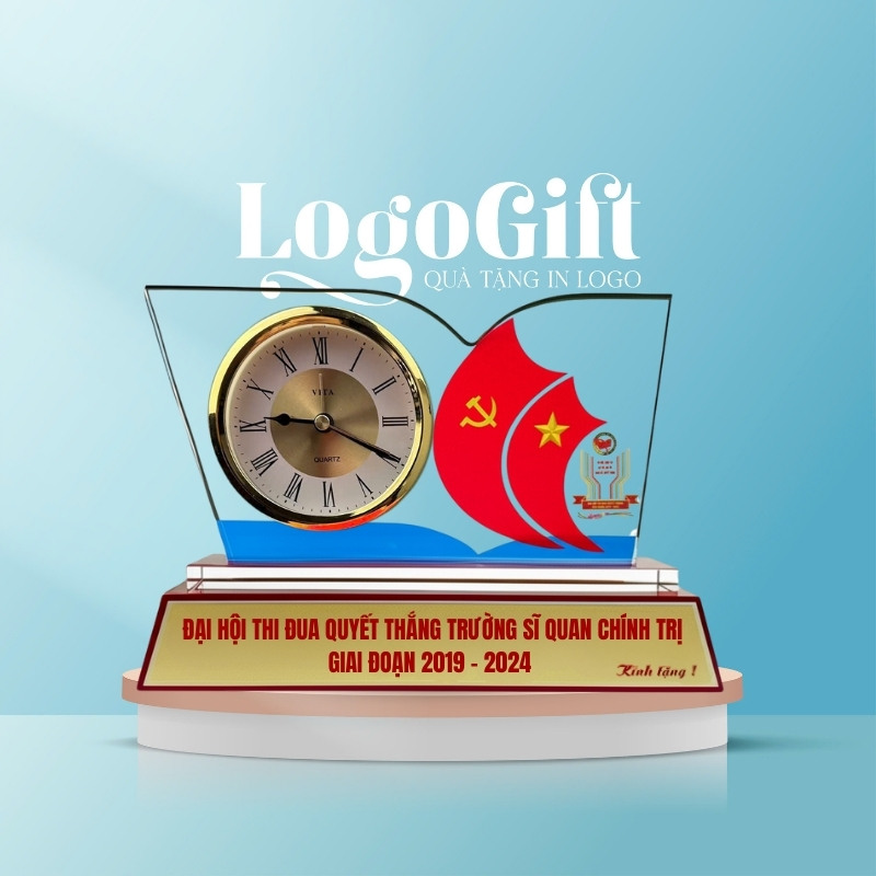 Đồng hồ để bàn quà tặng Đại hội in logo pha lê LG-ĐH14
