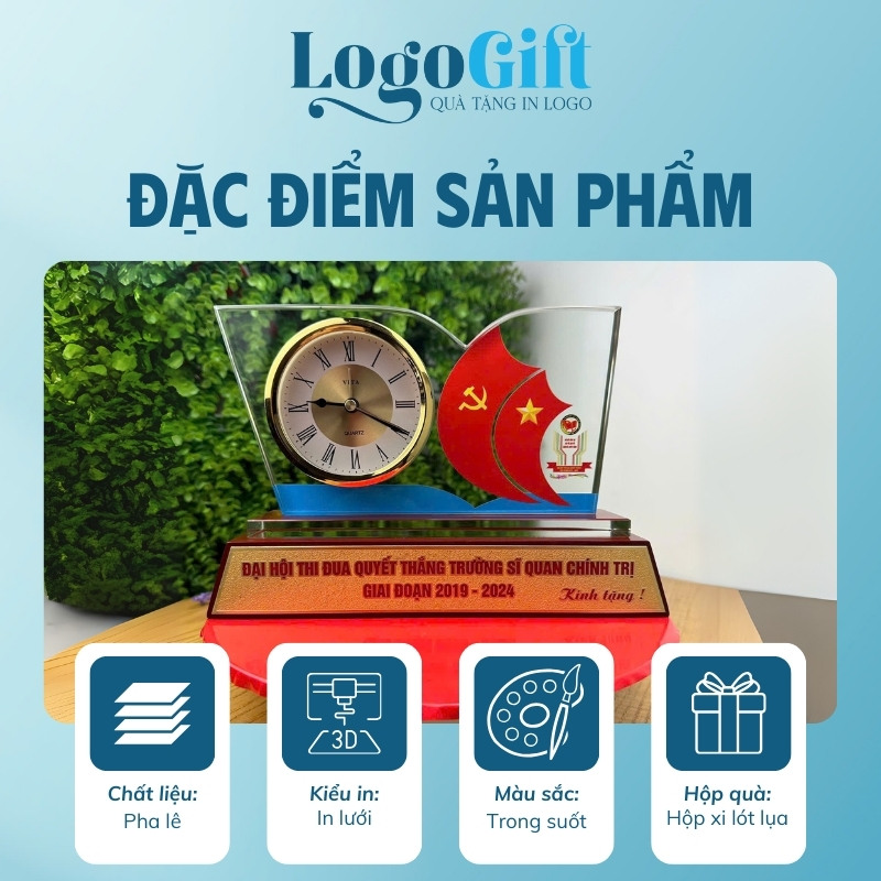 Đồng hồ để bàn quà tặng Đại hội in logo pha lê LG-ĐH14
