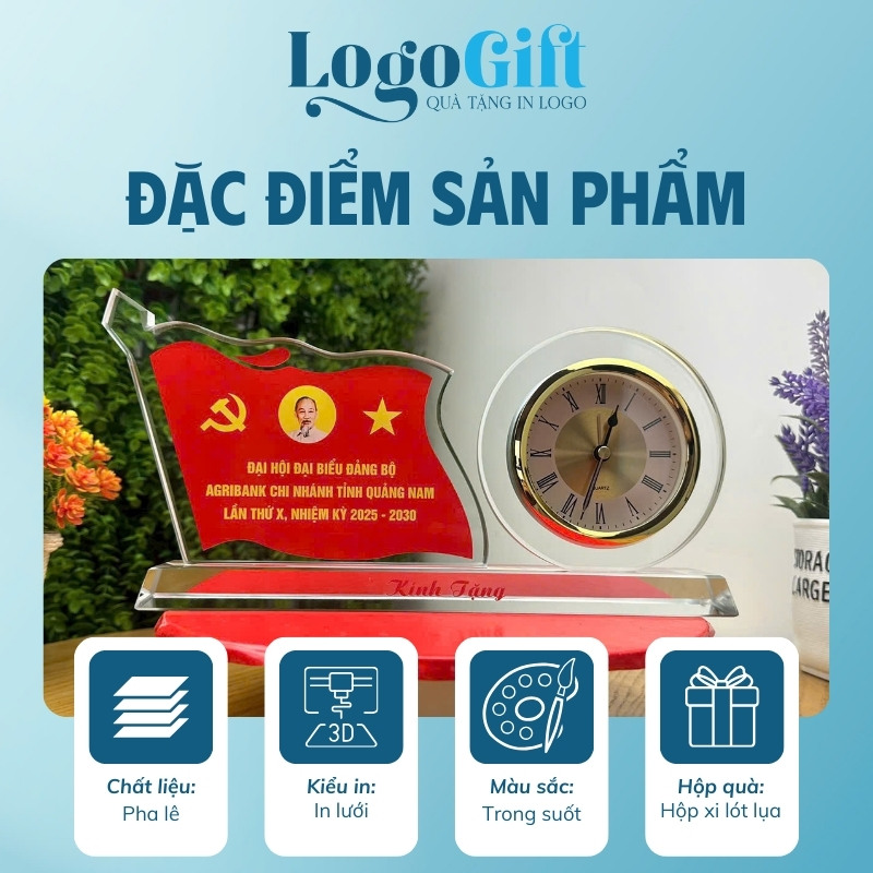 Đồng hồ để bàn quà tặng Đại hội in logo pha lê LG-ĐH10