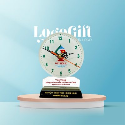 Đồng hồ để bàn quà tặng Đại Hội in logo pha lê hình tròn LG-ĐH17