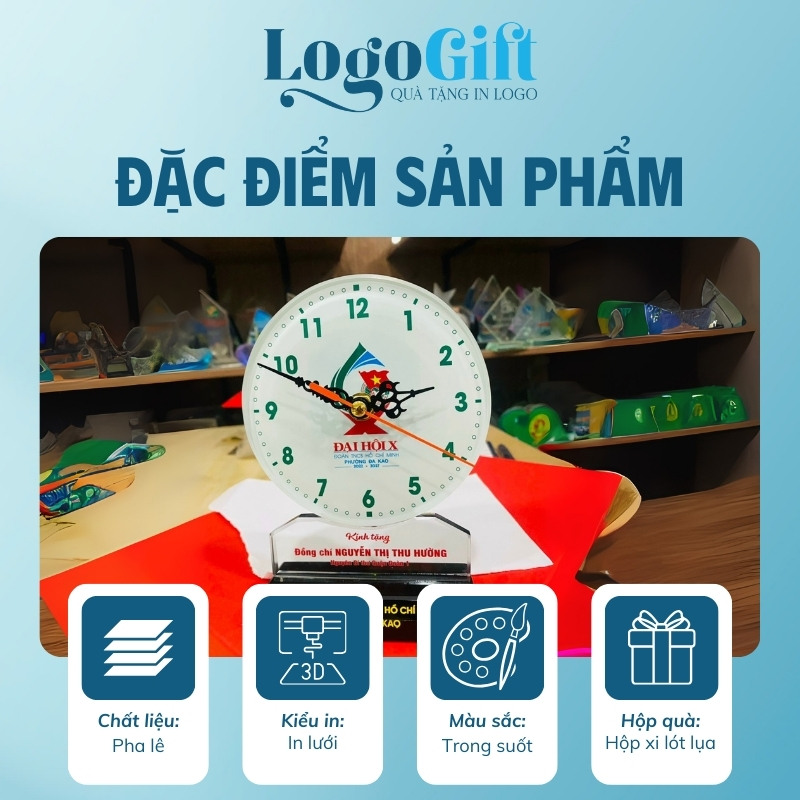 Đồng hồ để bàn quà tặng Đại Hội in logo pha lê hình tròn LG-ĐH17