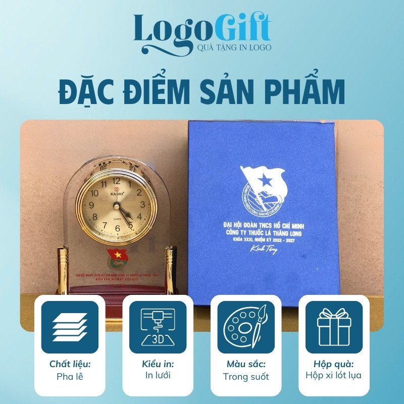 In logo lên đồng hồ để bàn quà tặng Đại hội thương hiệu Kashi 16x18cm LG-ĐH21